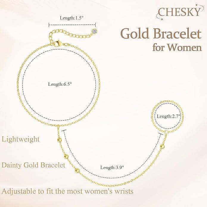CHESKY 14K Gold Plated Hand Chain Bracelets for Women Set - Dainty Finger Ring Bracelet Stack Adjustable Hand Chains Durable Beaded Bracelets Trendy Simple Body Jewelry Gift for Women