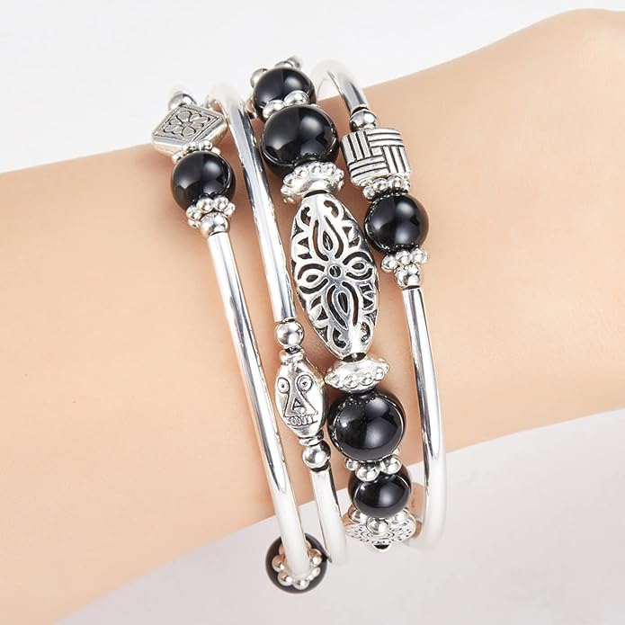BULINLIN Layered Wrap Bangle Turquoise Bracelet - Bead Bracelet with Natural Agate Stone, Gifts For Women