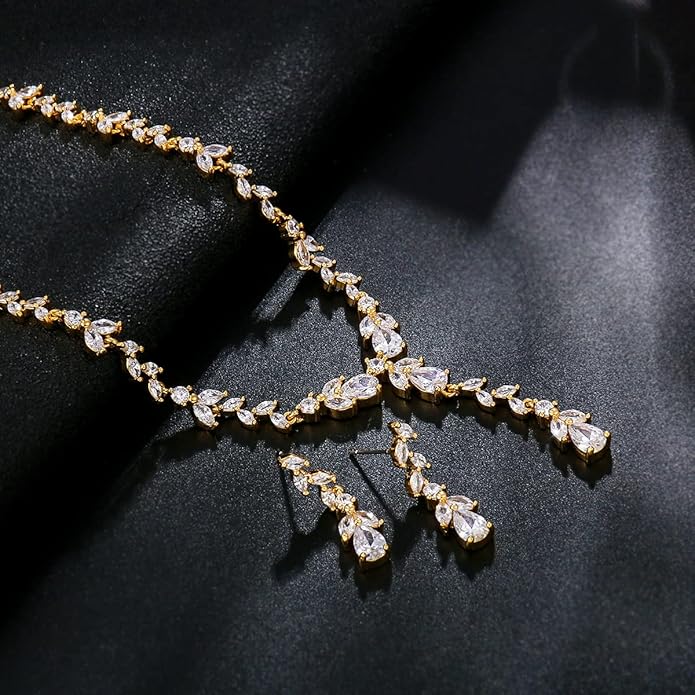 Bridal Wedding Jewelry CZ Set Marquise Teardrop Cubic Zirconia Pendant Necklace and Dangle Earring Bracelet Sets for Women