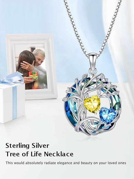 TOUPOP s925 Sterling Silver Family Celtic Tree of Life Pendant Necklaces with 2 Heart Birthstone with Blue Austrian Crystal Jewelry Birthday Valentines Day Gifts for Her, Anniversary Christmas Gifts for Wife Girlfriend Mom (18K Real White Gold Filled)