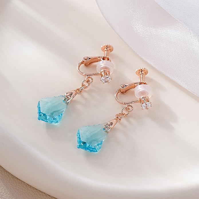 Austrian Crystal Baroque Drop Clip On Dangle Earrings for Women Non Pierced 14K Rose Gold Plated Hypoallergenic Jewelry