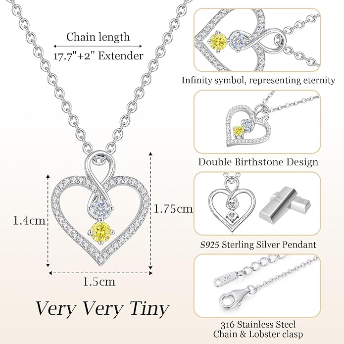 LOUISA SECRET Infinity Double Birthstone Necklace, 925 Sterling Silver Tiny Pendant Heart Necklace for Women Wife Her, Best Jewelry Gift Heart Jewelry Meaningful Gift for Valentine's Day, Christmas, Birthday Anniversary