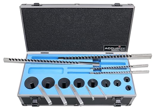 Accusize Industrial Tools - No.10 HSS Keyway Broach Set, 18 Pcs with Precision Ground Teeth, Includes 4 Broaches & 9 Bushings, 5100-0010