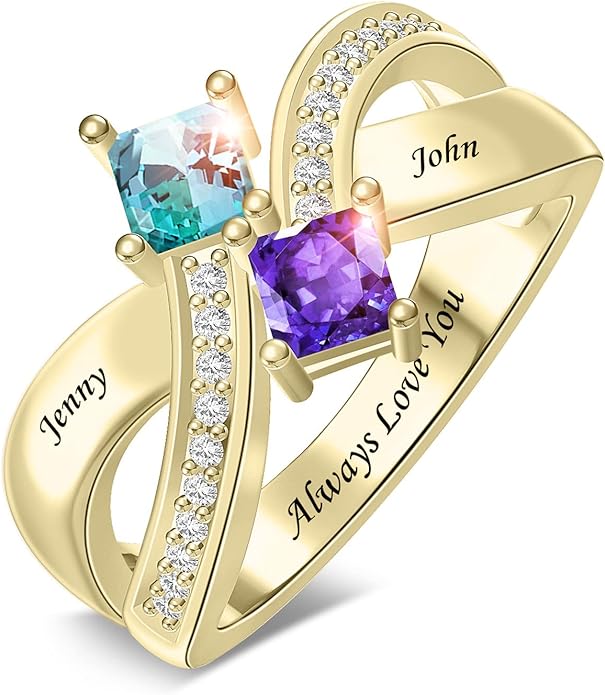 Personalized Heart Birthstone Rings for Women with 2 Birthstones Custom Name Rings for Couple Mother Daughter Jewelry Gift for Mother Her Christmas