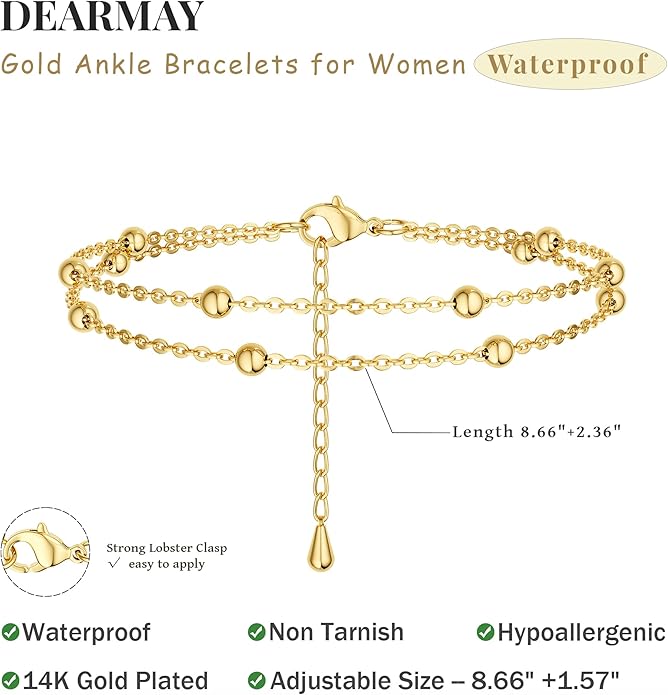 DEARMAY Dainty 14K Gold Plated Ankle Bracelets for Women, Waterproof 14K Gold Plated Link Chain Anklets Non Tarnish Set Pack Summer Beach Jewelry Gift