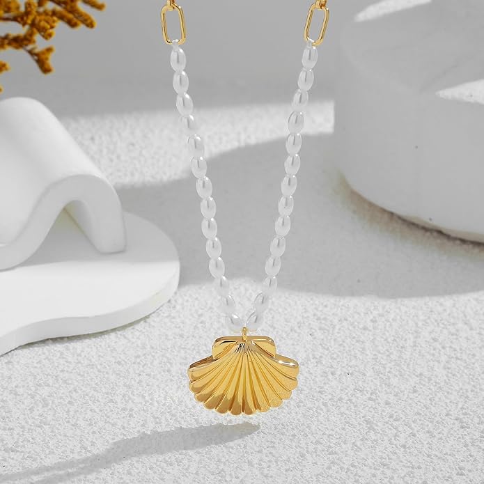 WOWORAMA Gold Necklace for Women Boho Spiral Conch Shell Necklace Starfish Necklace Vintage Ocean Sea Shell Choker Pendant Necklace Adjustable Summer Beach Jewelry