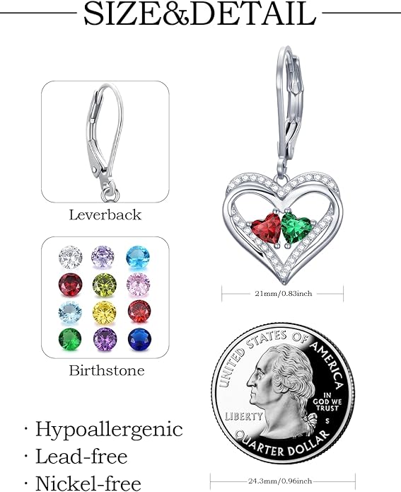 Valentines Day Gifts for Women, Heart Leverback Earrings Double Birthstone Dangle Earrings for Women, Love Jewelry for Her, Anniversary Birthday Gift for Mom Wife Girlfriend