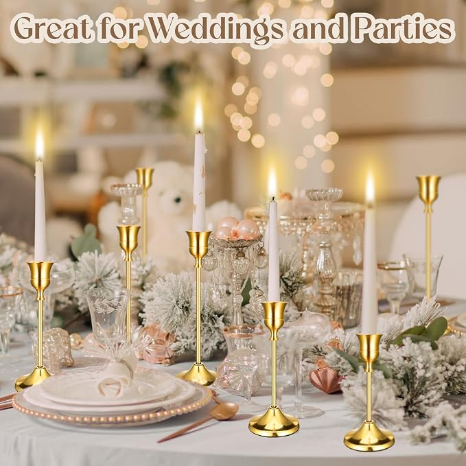 12PCS Brass Gold Taper Candle Holders Set, Metal Candlestick Holders | Tall - Image 4