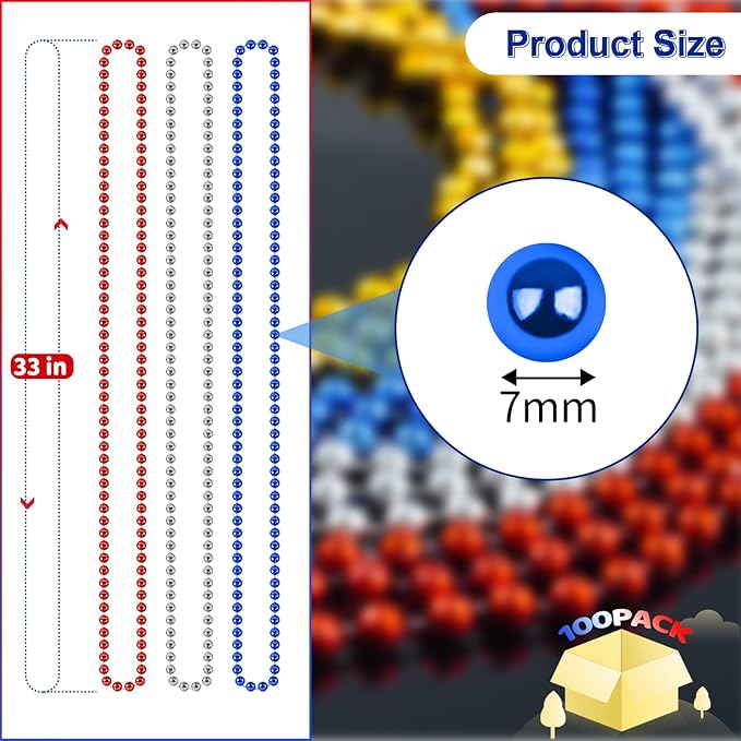 ZYFLSQ 100PCS 4th of July Bead Necklace, 33" 7mm Independence Day Bead Necklaces Bulk, Metallic Beaded Necklaces, 4th of July Accessories for Patriotic Parade Party Favors Decorations(Red/Silver/Blue)