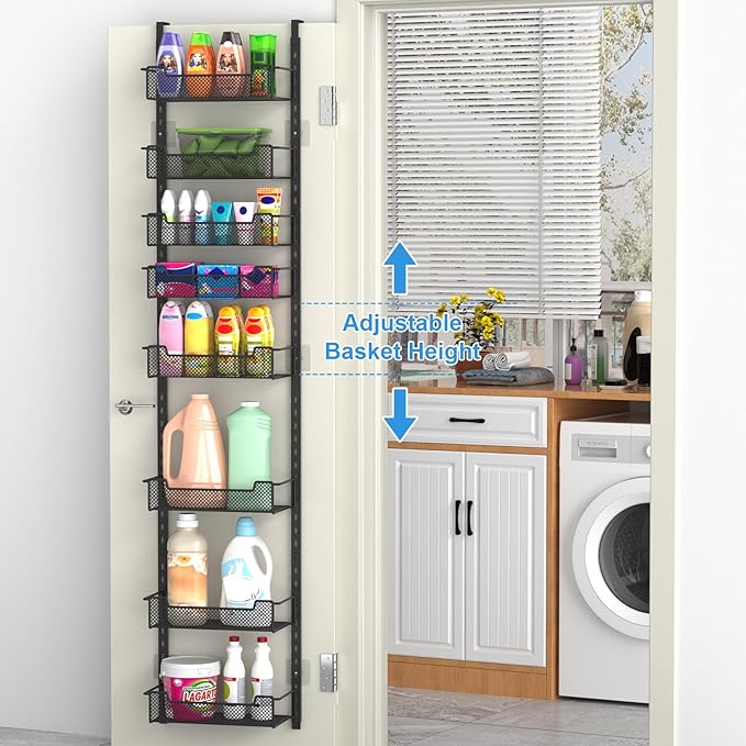 12.3" W Narrow Over the Door Pantry Organizer, 8-Tier Over the Door Organizer with Adjustable Basket, Pantry Door Organization for Pantry Kitchen Storage Room Spice Rack, Black