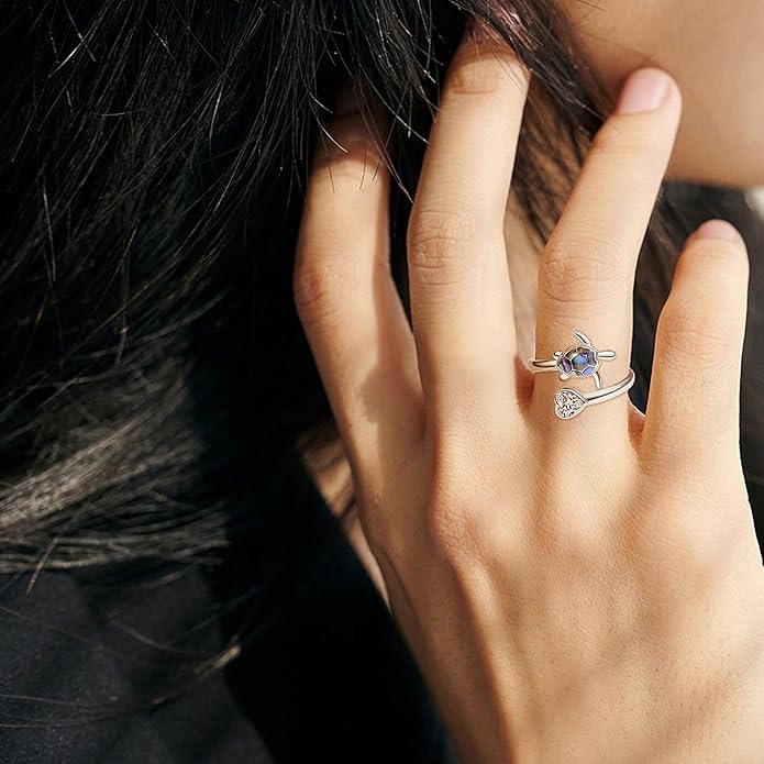 KINGWHYTE Sea Turtle Rings for Women 925 Sterling Silver Ring Adjustable Abalone Shell Open Ring with Heart Zircon Turtle Jewelry Birthday Christmas Gifts