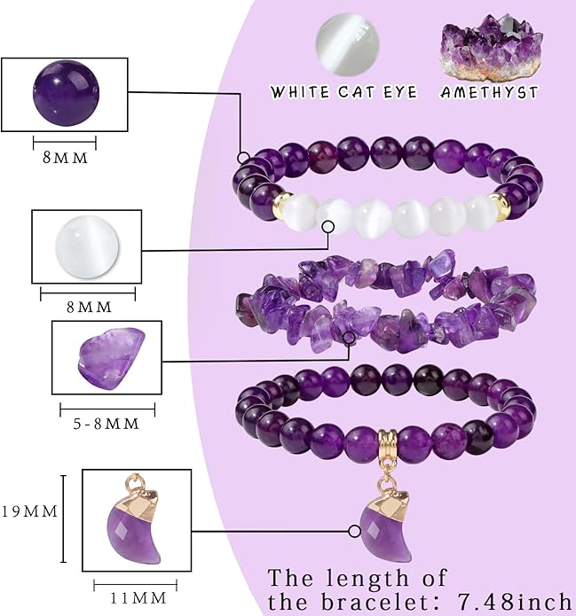Healing Crystal Beaded Bracelets for Women,Natural Amethyst Gemstones Bracelet,Anxiety Stress Relief Heart Charm Bracelet Handmade purple Jewelry Gifts for Women