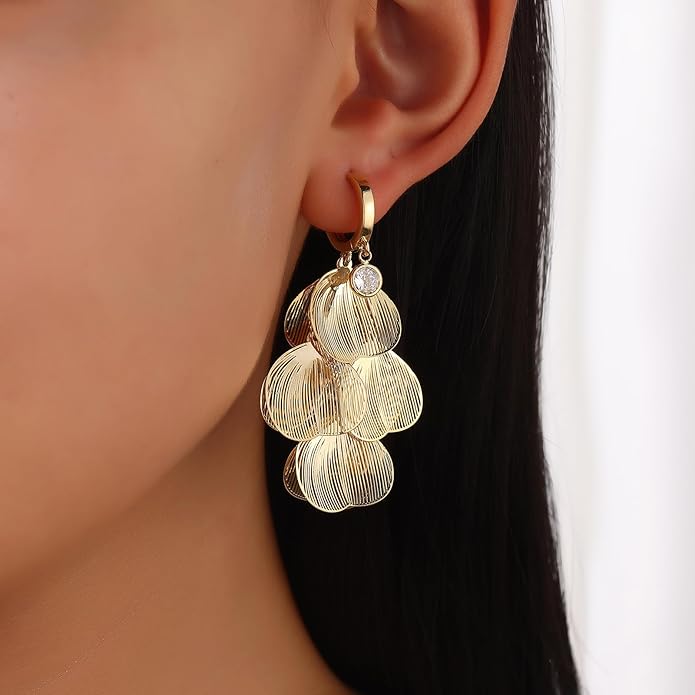Boho Flower Layered Floral Leaf Drop Dangle Earring For Women,Metal CZ Gold Lightweight Flower Bohemian Gold Petal Exaggerated Jewelry Earrings For Women Brides Party Prom Wedding