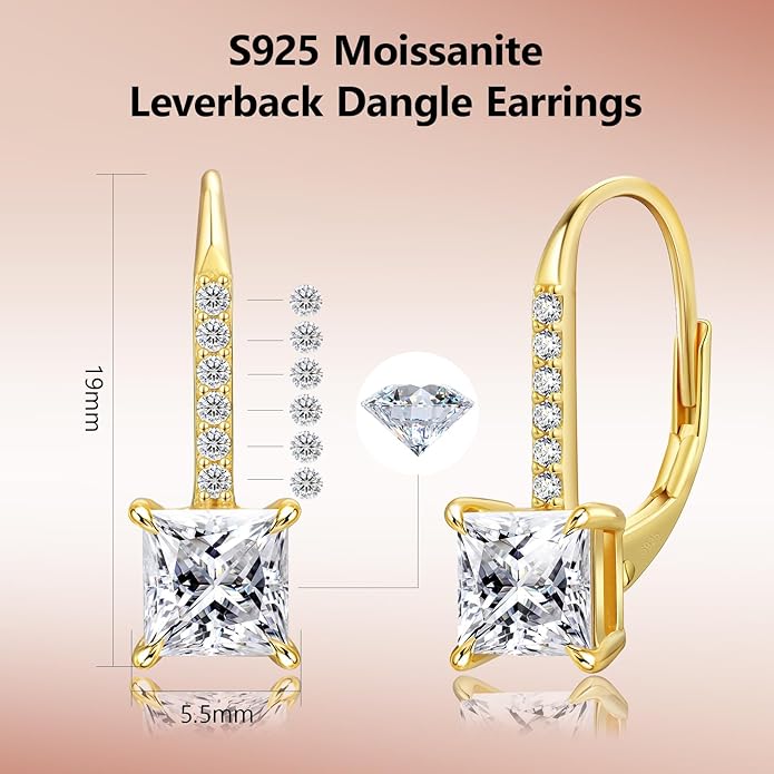 KRKC Moissanite Earrings, 1.0ct-2.0ct D Color Lab Created Diamond Earring, 14k White Gold Plated Sterling Silver Dangle Earrings S925 Leverback Drop Earring for Women Hypoallergenic Jewelry for Gifts