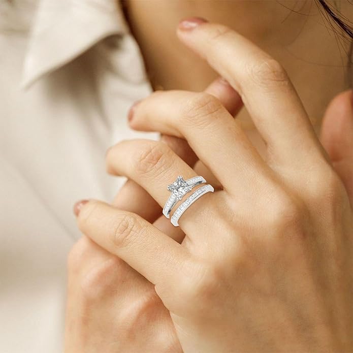 1 to 5 Carat Moissanite Ring Set S925/10K/14K/18K Gold, Princess Cut VVS1 Clarity D Color Moissanite Engagement Rings Set Luxury Bridal Jewelry Wedding Gifts for Women