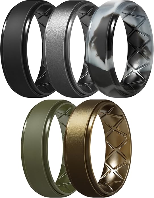 Egnaro Men's Rings 8.5mm Wide-2mm Thick Inner Arc Ergonomic Breathable Rubber Wedding bands-Hypoallergenic for Gym/Outdoor/Gift((1-7 Variety Pack with Half Size)