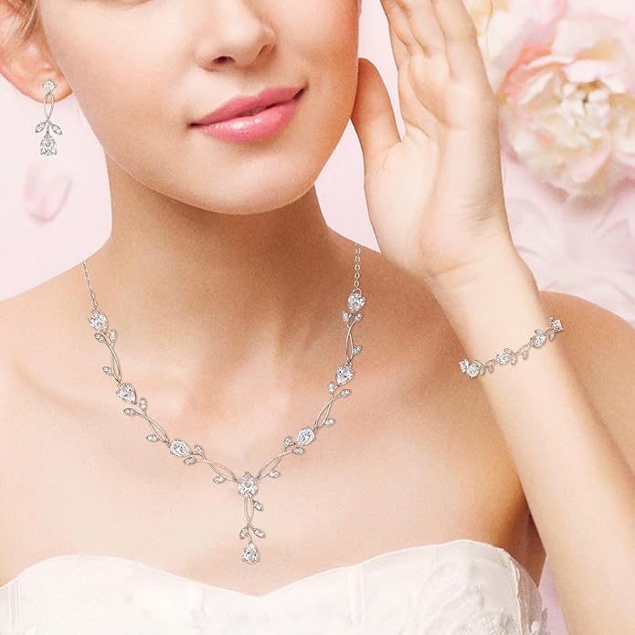 EVER FAITH Bridal Cubic Zirconia Jewelry Sets for Women, White Simulated Pearl Leaf Vine Pendant Wedding Party Necklace Earrings Set for Bridesmaid Bride