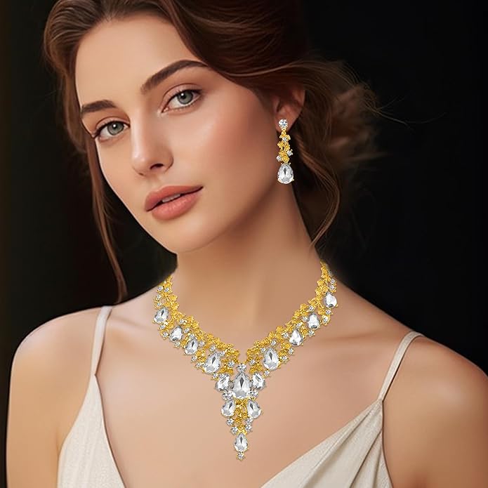 Wedding Bridal Bridesmaid Austrian Crystal Rhinestone Jewelry Sets Statement Choker Necklace Earrings Bracelets Sets for Wedding Party Prom