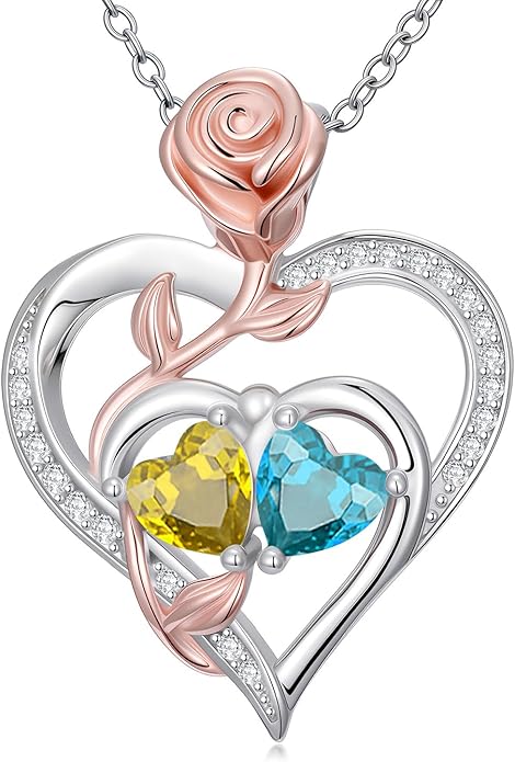 Rose Flower Heart Pendant for Women Birthday Gifts 18k Gold Plated Mother Daughter Necklace with 12 Months Birthstone Christmas Valentines Day Gifts for Her Mom Anniversarry Jewelry for Mom Wife Girlfriend