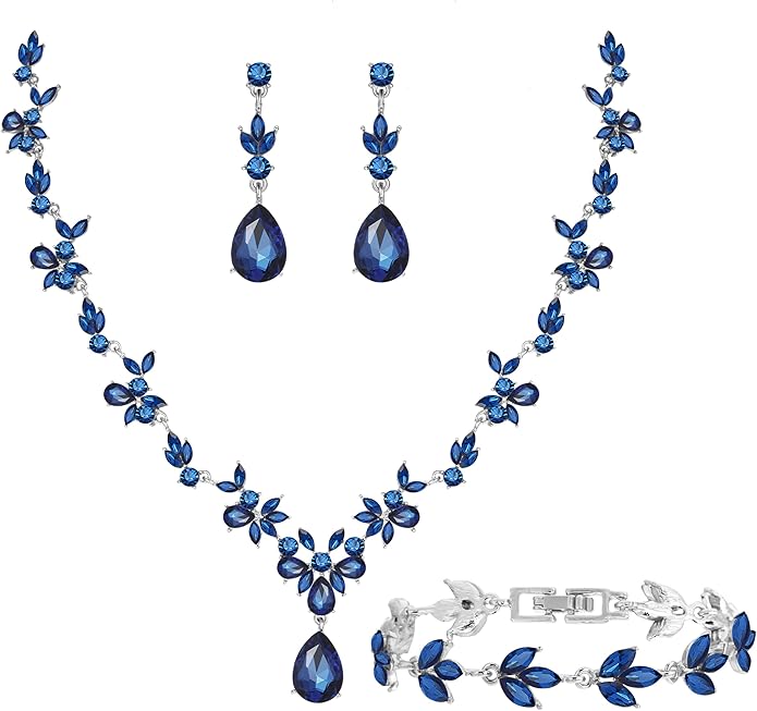 Bridal Wedding Elegant Floral Jewelry Set for Women/Brides/Bridesmaids Crystal Jewelry Set for Wedding Prom Party Bridal Crystal Necklace Earrings Bracelet Set