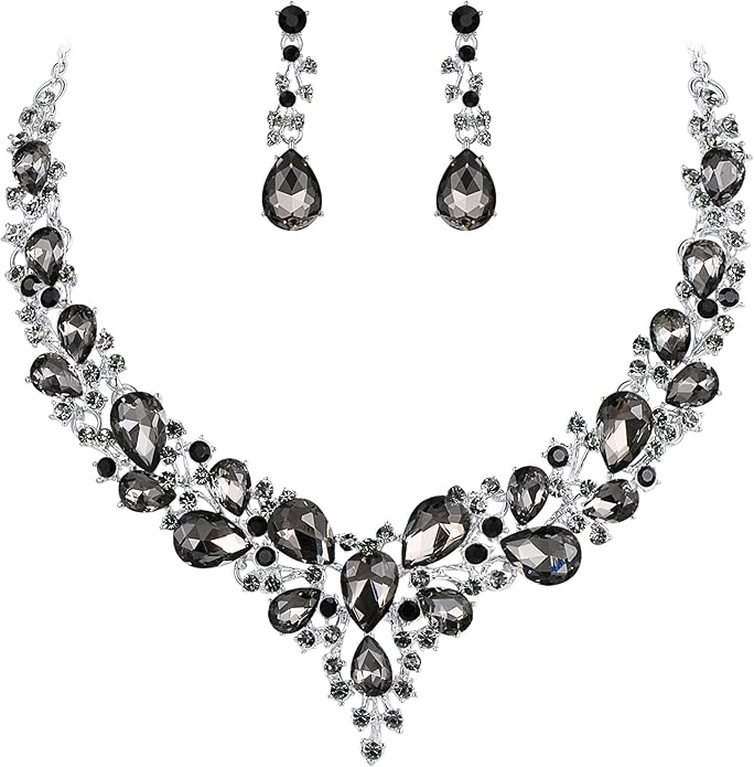 BriLove Women's Wedding Bridal Austrian Crystal Teardrop Cluster Statement Necklace Dangle Earrings Jewelry Set
