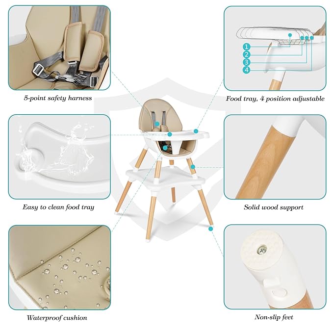 6 in 1 High Chair for Babies & Toddlers, Convertible Wooden Baby Highchair, Table and Chair Set, Baby Feeding Chair, 5-Point Adjustable Harness/4-Position Removable Tray& PU Seat Cushion(Beige)