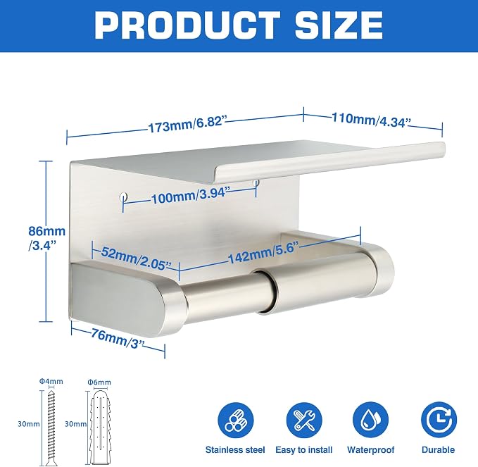 Alise Toilet Paper Holder with Shelf Wall Mount Adhesive or Drill - Image 2