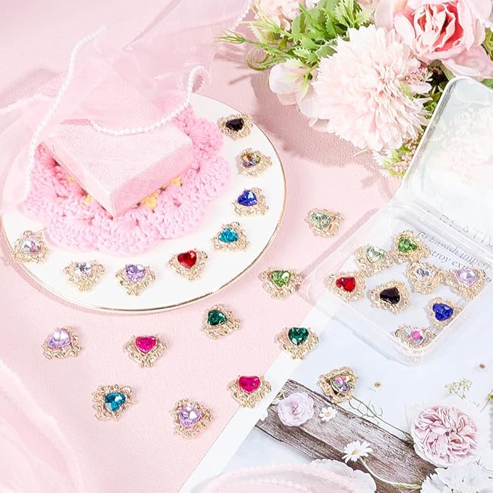 26Pcs 13 Styles Heart Shaped Rhinestone Charms Alloy Love Heart Crystal Bead Dangle Pendant Craft Decoration for DIY Earrings Bracelets Necklaces Keychains Jewelry Making