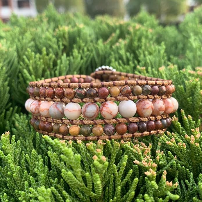 YGLINE Boho Handmade Natural Stone Bead 3 Row Wide Wrap Wrist Statment Bracelet Jewelry Collection