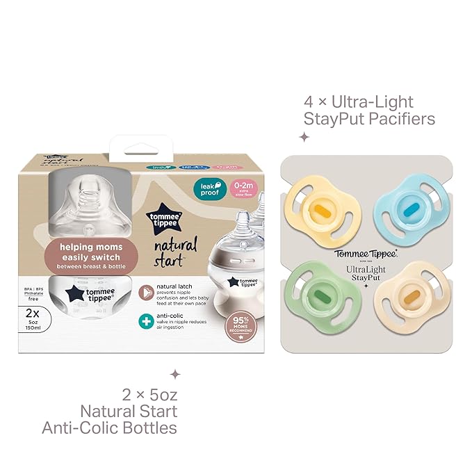 Tommee Tippee Pacifier and Bottle Bundle, 4 Ultra-Light StayPut Pacifiers, One-Piece Silicone Design, 0-6 Months, 2 Natural Start Anti-Colic 5 oz BPA Free Baby Bottles, 0+ Months, Blue, 6 Pieces