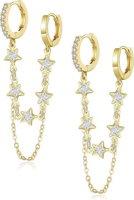 Tassel Chain Small Gold Hoop Dangle Earring For Women Huggie Earring Heart Star CZ 14K Gold Plated Fashion Jewelry Friendship Gift
