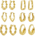 6 Pairs Gold Hoop Earrings Set for Women, 14K Gold Plated Huggie Chunky Earring Variety Pack, Hypoallergenic Thick Jewelry Gift