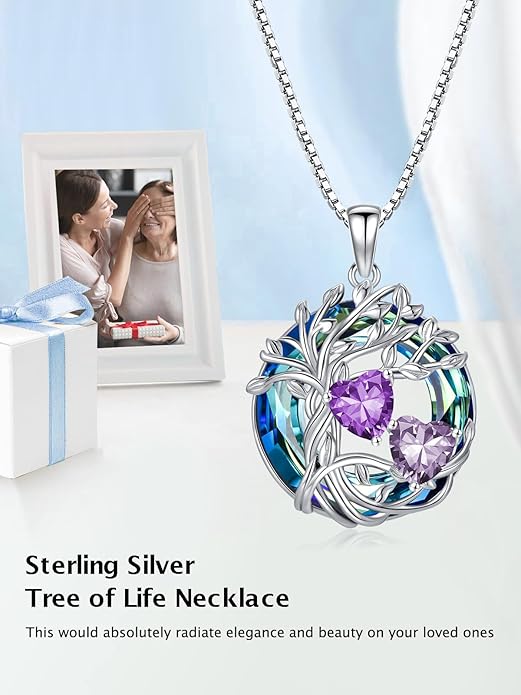 TOUPOP s925 Sterling Silver Family Celtic Tree of Life Pendant Necklaces with 2 Heart Birthstone with Blue Austrian Crystal Jewelry Birthday Valentines Day Gifts for Her, Anniversary Christmas Gifts for Wife Girlfriend Mom (18K Real White Gold Filled)