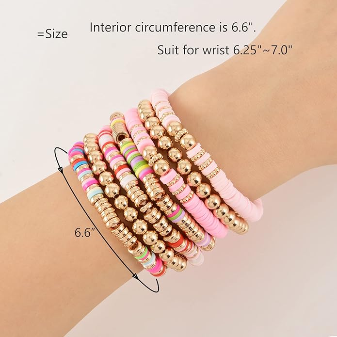 GOOJIDS Surfer Heishi Clay Bead Bracelets for Women Bohemian Stackable Gold Plated Beaded Stretch Bracelets Elastic Layering Friendship Bracelets Set Boho Jewelry