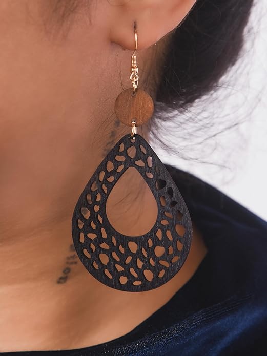MINACHI Bohemian Hollow Cut-Out Wood Leather Dangle Drop Earrings, Boho Chic Hippie Statement Jewelry Gift for Women