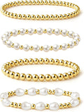 Zeffy Gold Pearl Beaded Bracelet for Women, 14K Gold Plated Jewelry Set With Paperclip Link Chain, Trendy Stack Bracelets