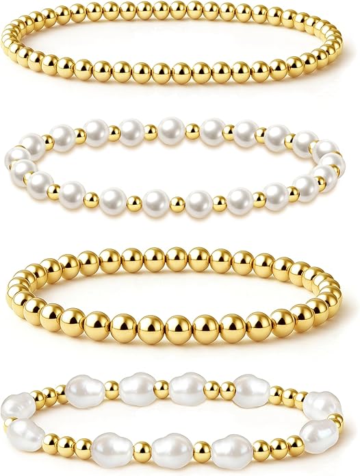 Zeffy Gold Pearl Beaded Bracelet for Women, 14K Gold Plated Jewelry Set With Paperclip Link Chain, Trendy Stack Bracelets