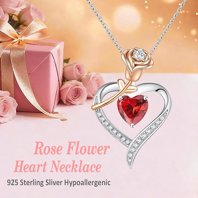 immobird Rose Gold Heart Necklace Birthstone Jewelry Sterling Silver Jewelry Plated White Gold Valentine's Day Gift Women for Wife Mom Necklace for Women