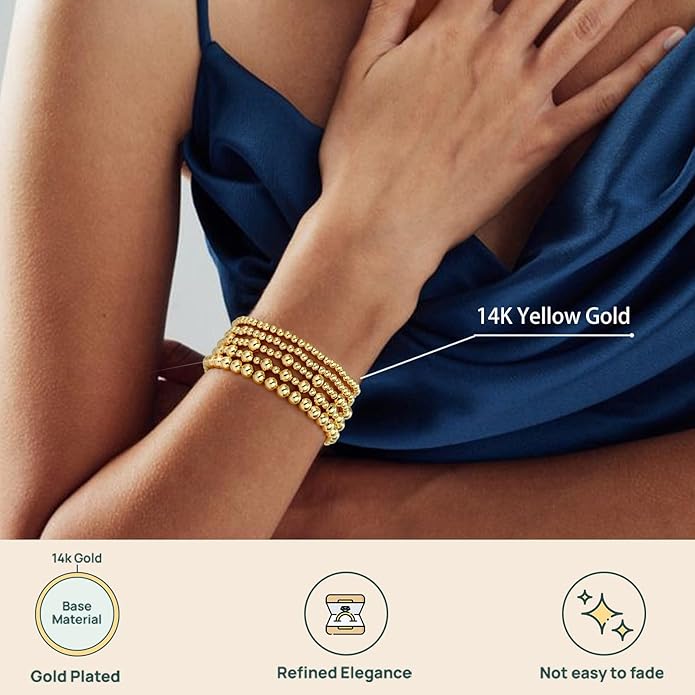 adoyi Valentines Day Gifts for Her Gold Bracelets for Women Waterproof, 14K Gold Plated Beaded Strand Bead Ball Bracelets stack Adjustable Jewelry Set for Gifts