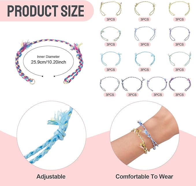 36Pcs Adjustable Braided Cord Bracelets 10-1/4 Inch Colorful Polycotton Adjustable Bracelets,Thread Half Finished Bracelet,Bracelet String with Clasp for Wrist DIY Women Jewelry Making
