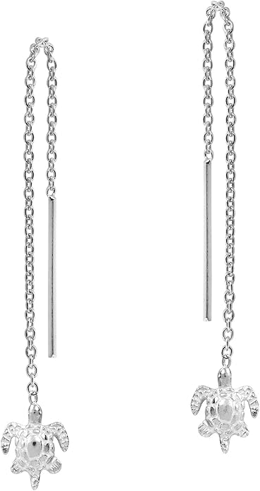 AeraVida Beautiful Ocean Wanderer Sea Turtle on a Chain .925 Sterling Silver Slide Through Dangle Earrings for Nature and Animal Inspired Fashion with Tropical Beach Vibes