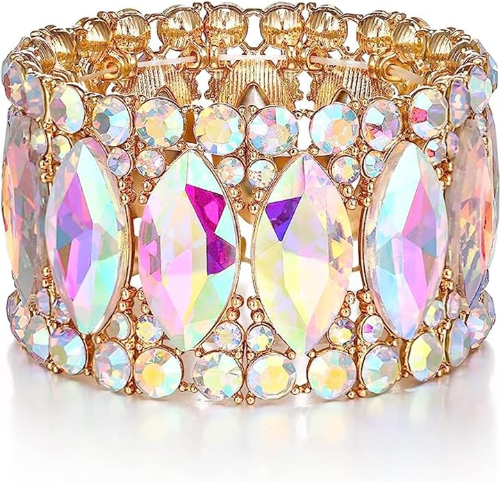 Women’s Elegant Wedding Bridal Crystal Double Row Marquise-Shape Leaf Stretch Bangle Bracelet Bride Jewelry for Women