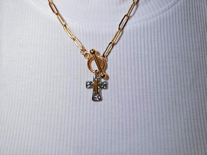 MQV Chunky Statement Gold Hammered Bold Cross Necklace Thick Chain Vintage Chain Pendant Jewelry
