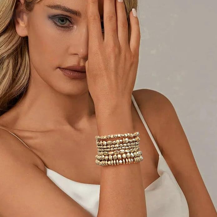 Gold Plated Beaded Bracelets for Women Trendy, 14K Gold Plated Stack Cross Pearl Gold Plated Bead Stretch Bracelets Set Elastic Hypoallergenic Bracelets Jewelry Gifts