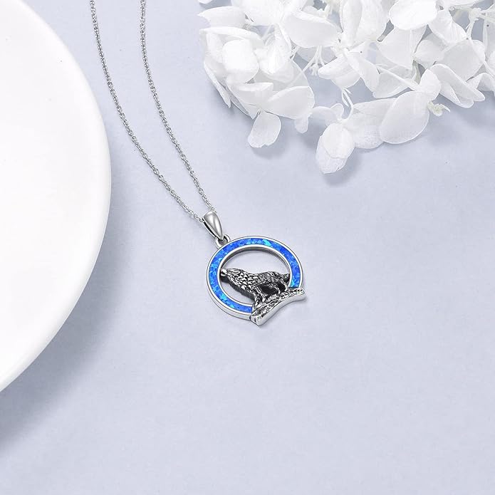 YFN Wolf Necklace Gifts for Men Women Sterling Silver Opal Moon Wolfs Jewelry Birthday 18+2"