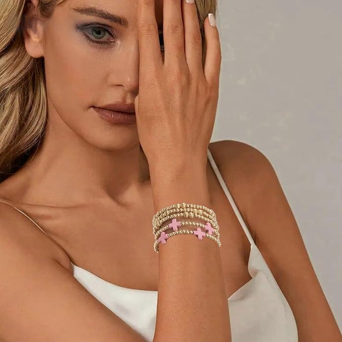 Gold Plated Beaded Bracelets for Women Trendy, 14K Gold Plated Stack Cross Pearl Gold Plated Bead Stretch Bracelets Set Elastic Hypoallergenic Bracelets Jewelry Gifts