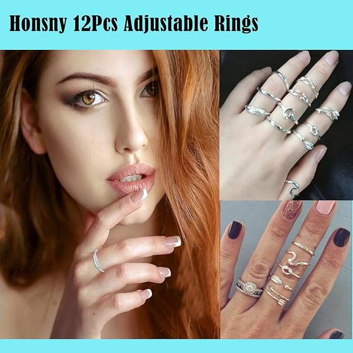 Honsny 12PCS Silver Plated Rings Adjustable Open Rings for Women Cute Gold Plated Stackable Thumb Rings Joint Chain Midi FingerArrow Knot Wave Band Rings Set