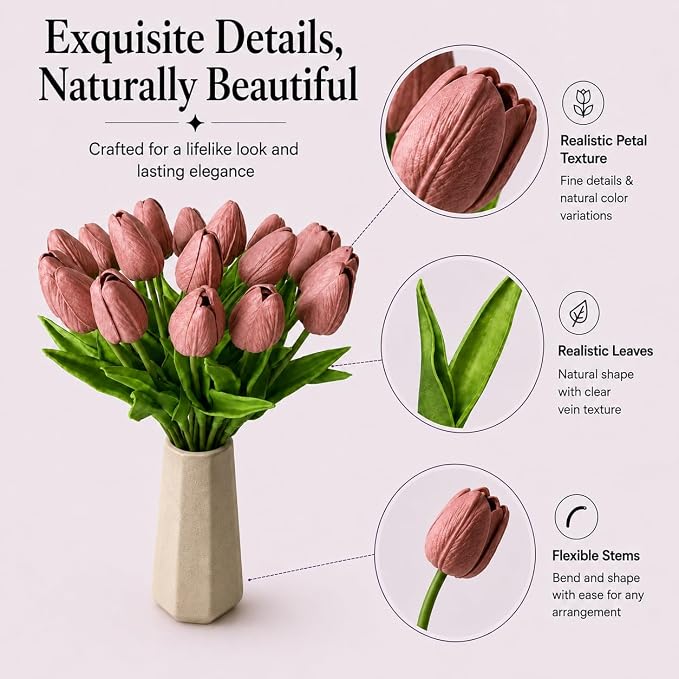 Mandy's 20pcs Artificial Mauve Tulips | 13.5 Inch Lifelike PU Tulips Faux - Image 4