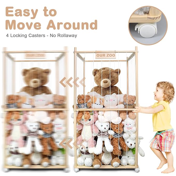Stuffed Animal Storage, Wood Stuffed Animal Zoo Storage with Brake Wheels, Extra Large Capacity Plush Toy Cage, Space Save Toy Organizer with Kids, Perfect for Nursery Playroom Kidroom Bedroom