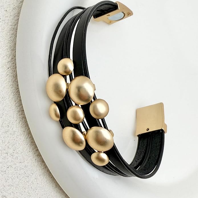 Leather Bracelet for Women Black Wrap Bangle Gold Infinity Bow-knot Bead Heart Bracelet Chunky Layered Bracelets for Women Trendy